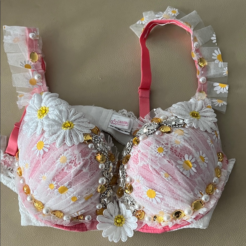 Floral Embellished Pink Lace Bra